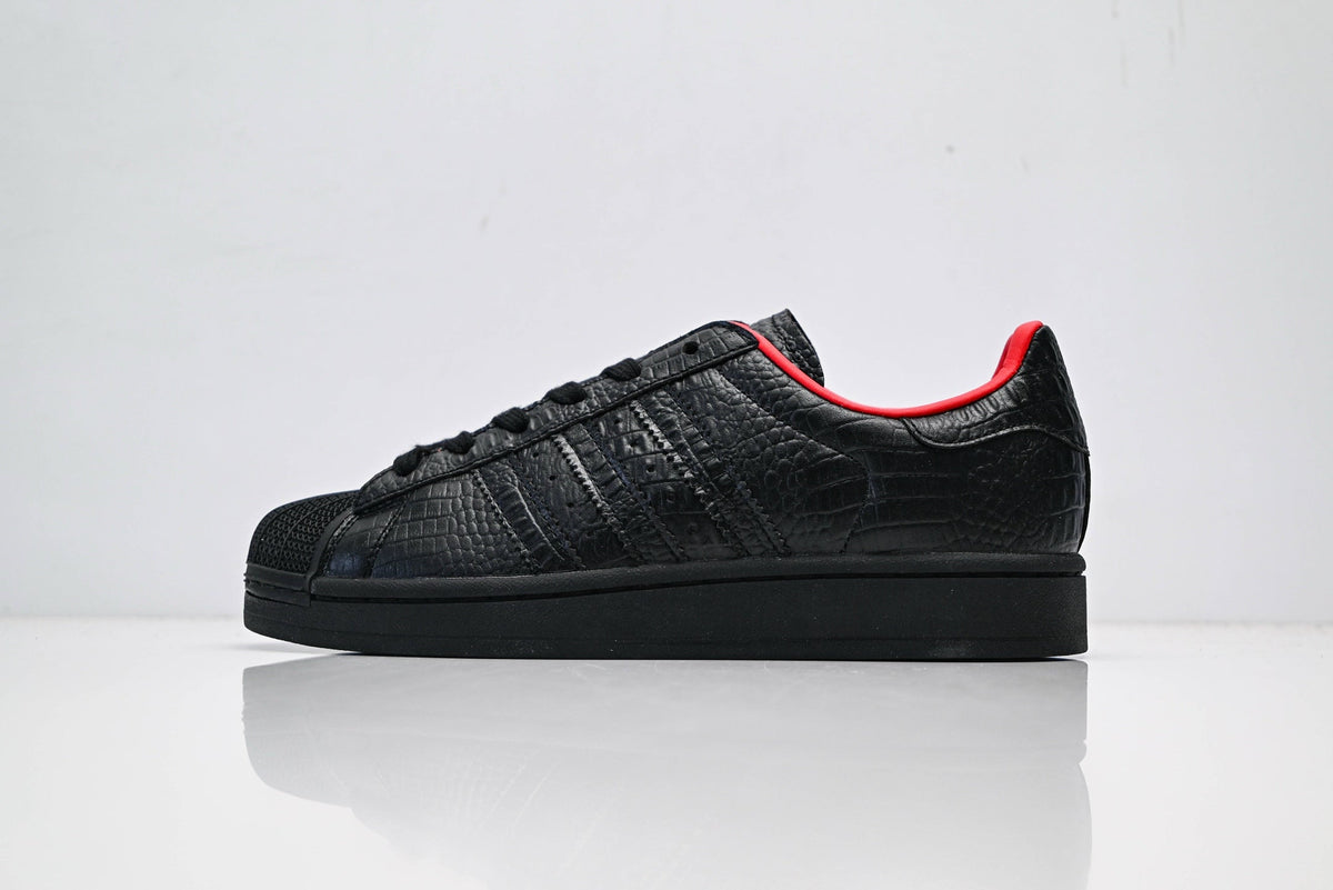 adidas Originals Superstar ¨C Black Croc-Embossed Upper with Red Lining & White Shell Toe