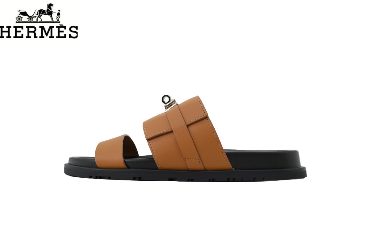 Herm¨¨s   slides Tan Leather Dual-Strap Slide Sandal