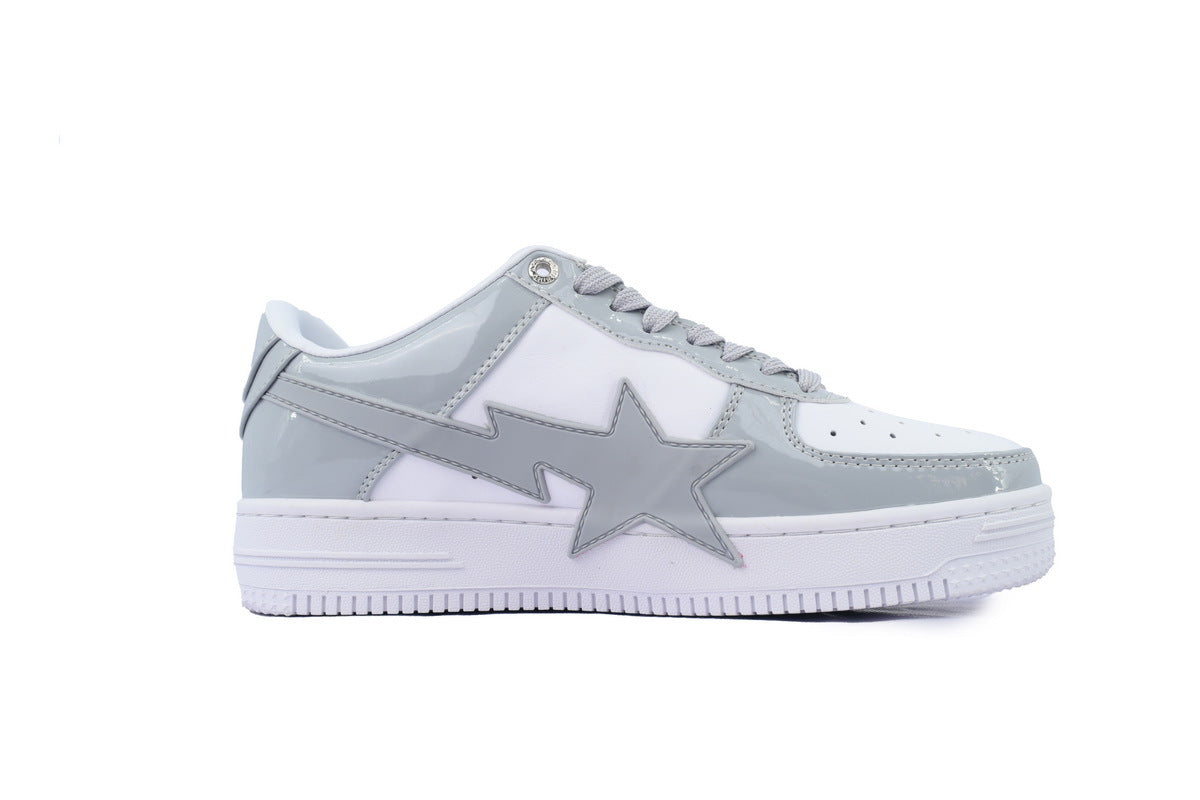 A BATHING APE BAPE STA Glossy Light Grey & White Oversized-Star Sneakers | Women's & Men's Skate-Inspired Shoes