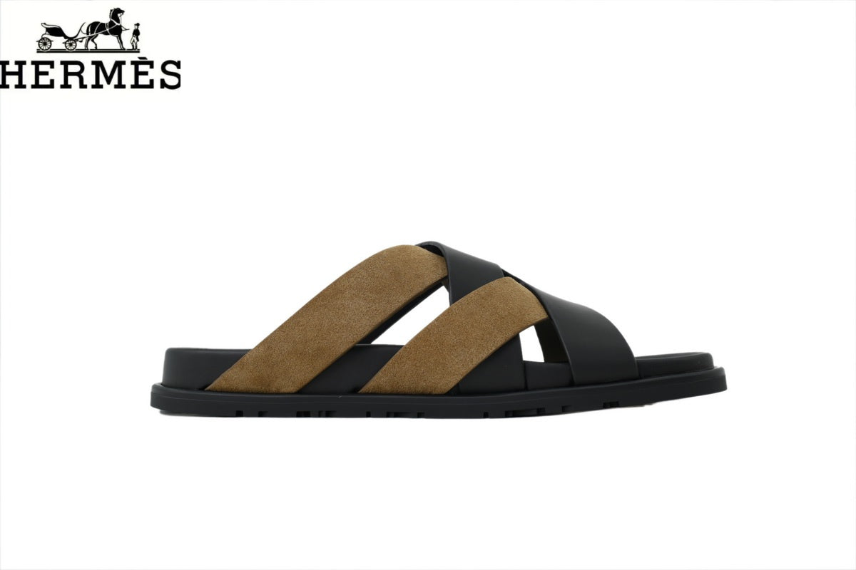 Herm¨¨s Black and Khaki Suede Cross-Strap Slide Sandal