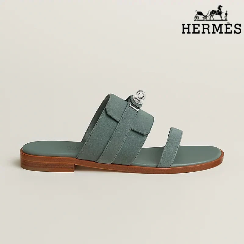 Herm¨¨s Sage Green Suede Slide Sandals with Silver Kelly Buckle
