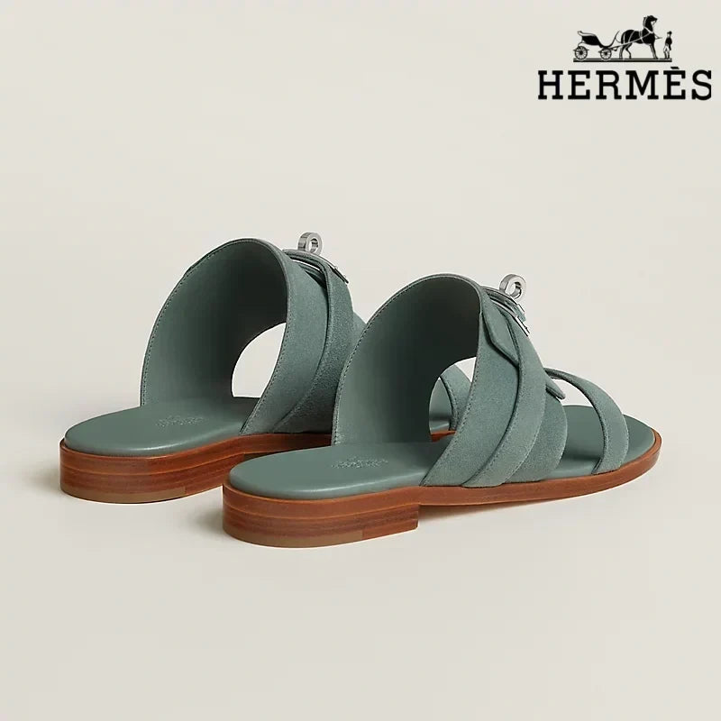Herm¨¨s Sage Green Suede Slide Sandals with Silver Kelly Buckle