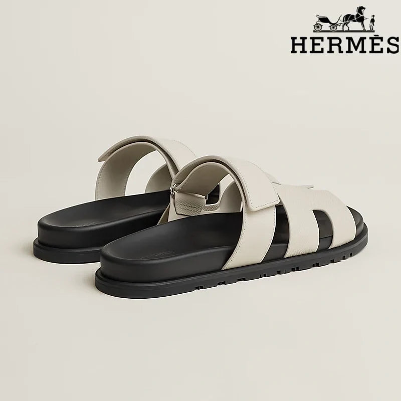 Herm¨¨s Cream Leather H Cutout Double-Strap Slide Sandals