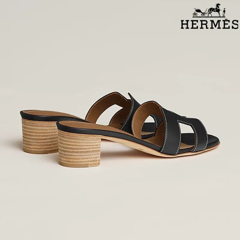 Herm¨¨s Black Leather Heeled Slide Sandals