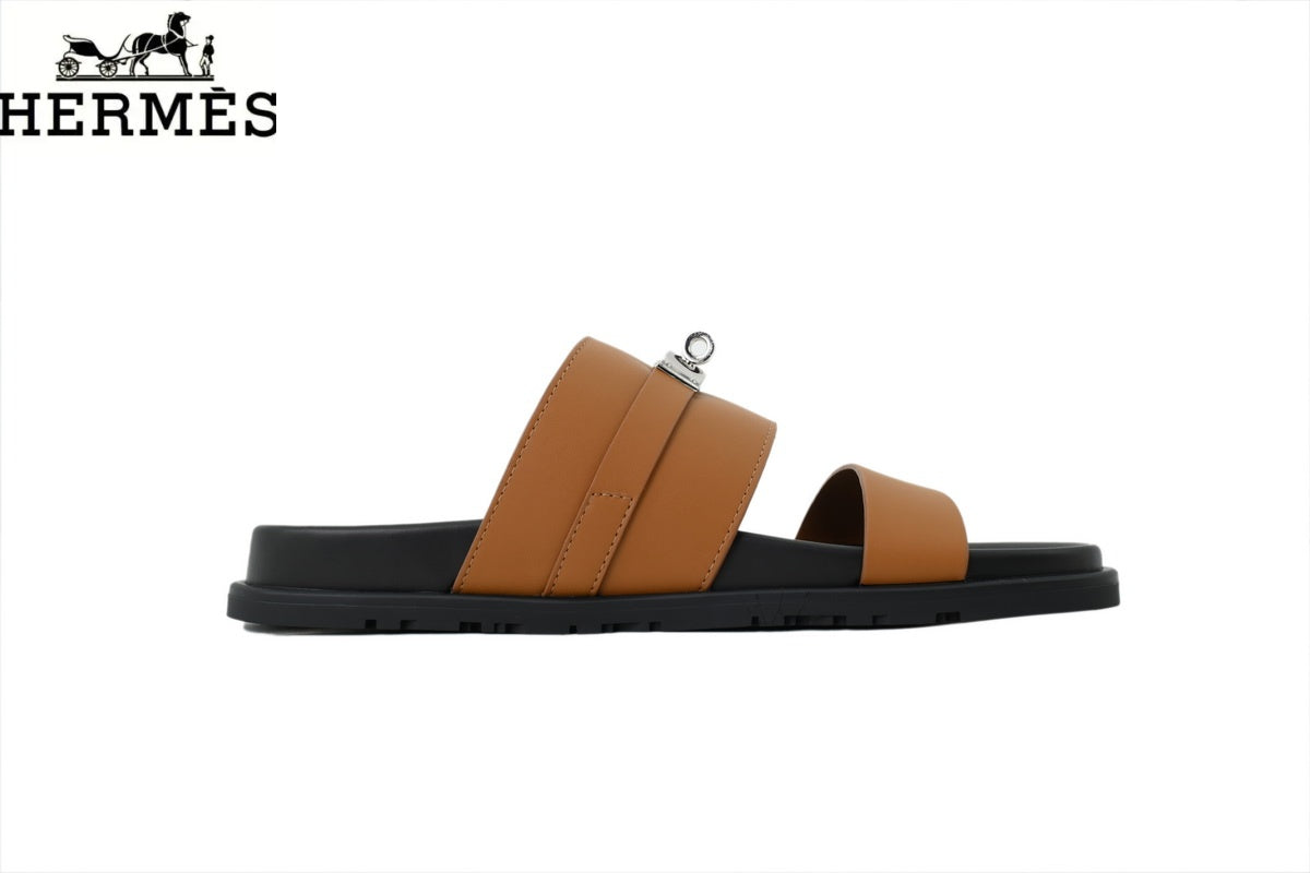Herm¨¨s   slides Tan Leather Dual-Strap Slide Sandal
